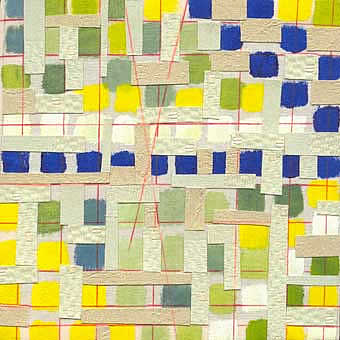 Ideal con ostras -  t&eacute;cnica mixta, acr&iacute;lico, tinta y collage sobre tela, 19x19cm. 2007.