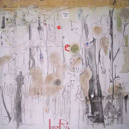 Hacinas y La Resina (L.R.) - Tránsfer, grafito, óleo, café, esencia de nicotina, acuarela, collage y bordado sobre tela, 60x60cm. 2007-08