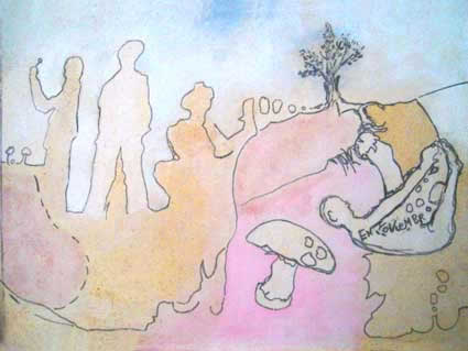 En NoviembrO - Tránsfer, grafito, gouache y café sobre tela, 30x40cm. (2007)