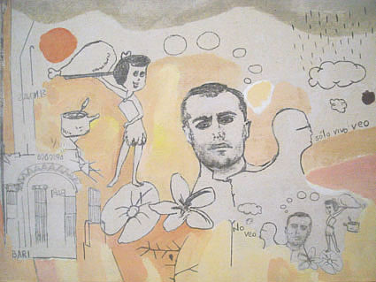 Sinovas y Luís - tránsfer, gouache, acrílico, tinta, grafito y collage sobre tela. 30x40cm. (2007)