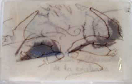 abre y mira. El amor no es ciego - impresióndigital y grafito sobre papel vegetal, hilo y aguja embasados en caja de metacrilato, 6'5x10'5x3 cms, 2005