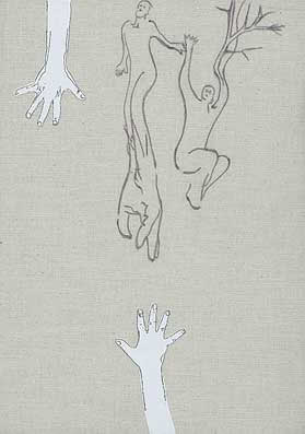 manos hunidas (caridad?) - tinta, impresión digital y collage sobre lona, 23x17cm. - 2008