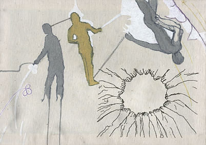 Divina Amistad - tr&aacute;nsfer, grafito, acr&iacute;lico y purpurina sobre tela. 21x29cm (2007)