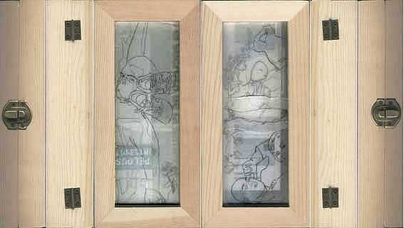 cuanta gente sin decir nada – (montaje gráfico-escultórico exento) grafito y collage sobre papel vegetal enmarcado en dos cajas con visagras y cierre metálico. 21x10x9cms, 2006.