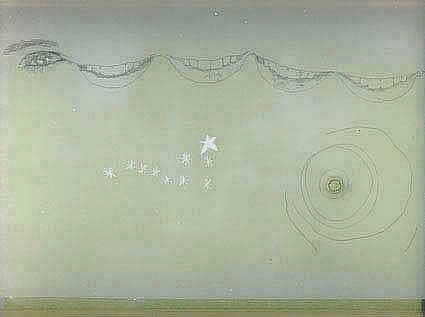 deneb – xilografía sobre orashi , grafito y quemadura de cigarrillo sobre papel vegetal, 32'5x26'5cms cms, 2006.