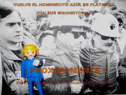 El hombrezito azul con los sindicalistas  Antonio Hevia -CCOO- y Fdez. Villa, soma-UGT, el día 3 de enero de 1992, saliendo del encierro en el Pozo Barreo de Mieres.